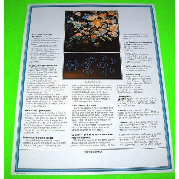 Asteroids Deluxe Arcade Flyer Original 1981 NOS Video Game Art 8.5" x 11" Retro - Picture 3 of 4